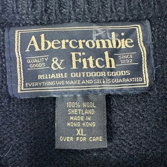 VTG Abercrombie Fitch Sweater Men‎ XL V Neck Navy Blue Gray Stripe Wool Preppy